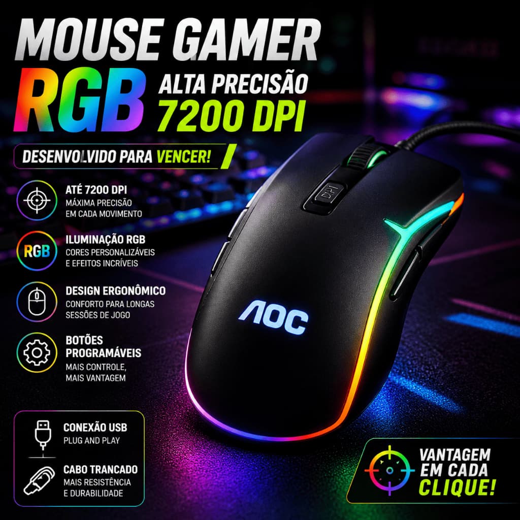 Mouse Gamer Iluminacao RGB Alta Precisao 7200 DPI Ergonomia Conforto Botoes Programaveis