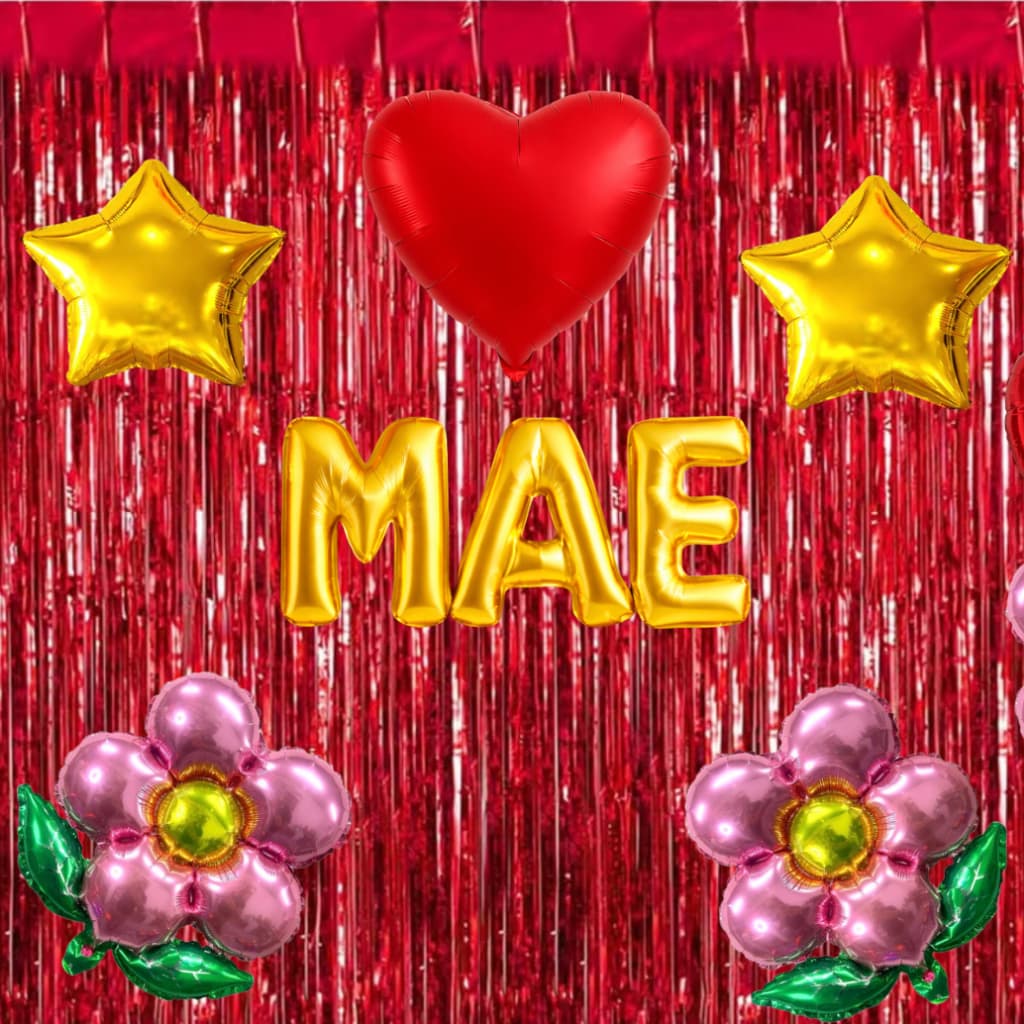 Kit Decoração Dia das Mães Completo com Cortina Metalizada, Balões MAE,Coração, Estrelas , Flores