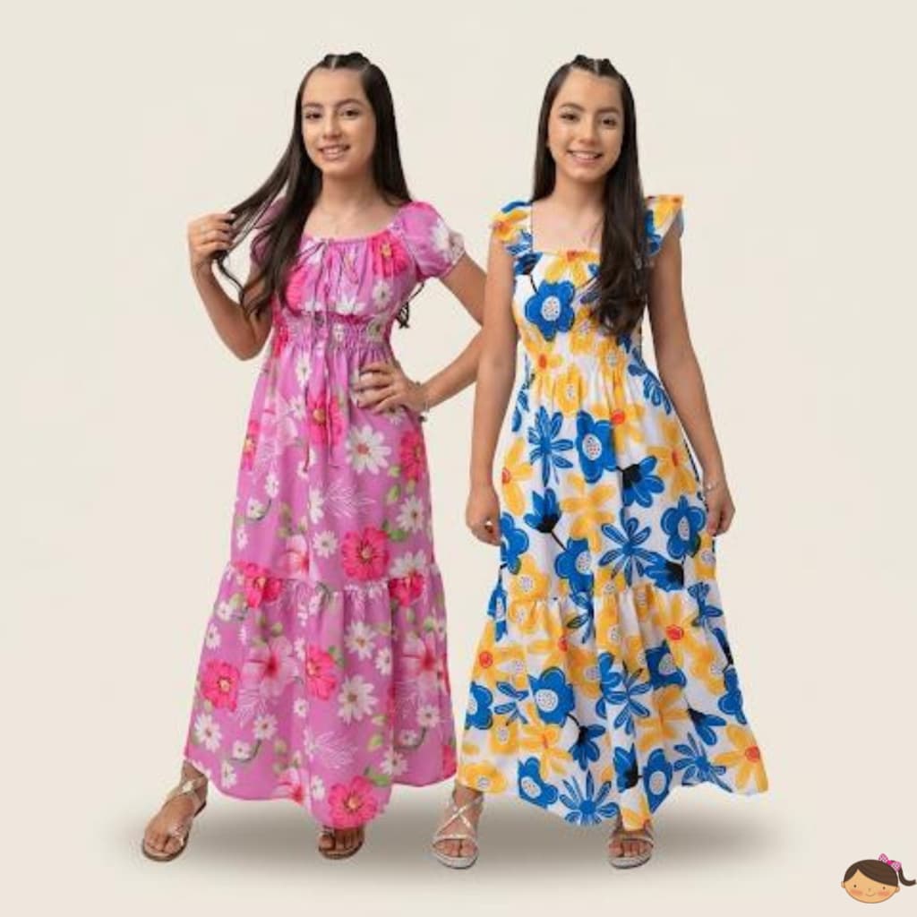 Kit 2 Vestidos Infantil Menina Juvenil Longo Floral Estampado Verão 2 ao 14 Roupa Infantil Feminina