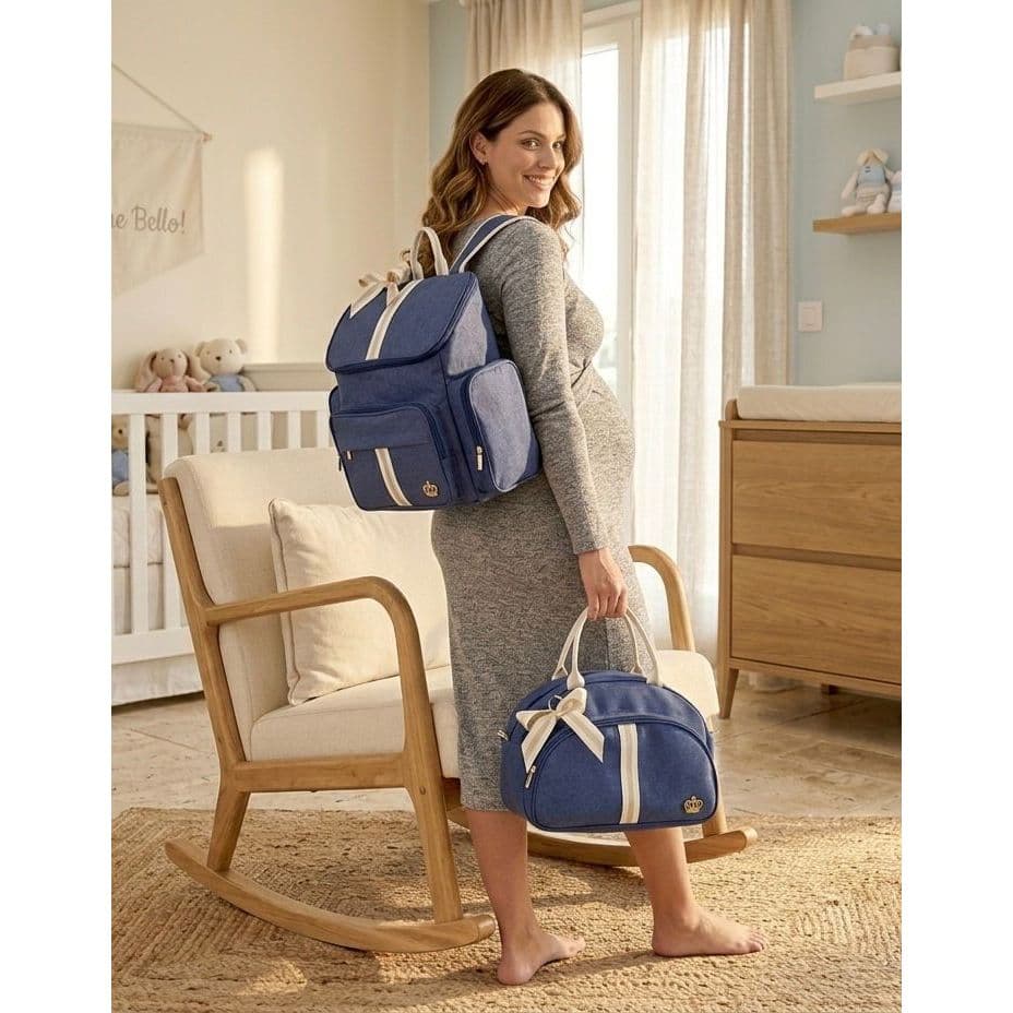 Mochila Bebe + Bolsa Tiracolo G Azul/Bege Maternidade Luxo Maternidade