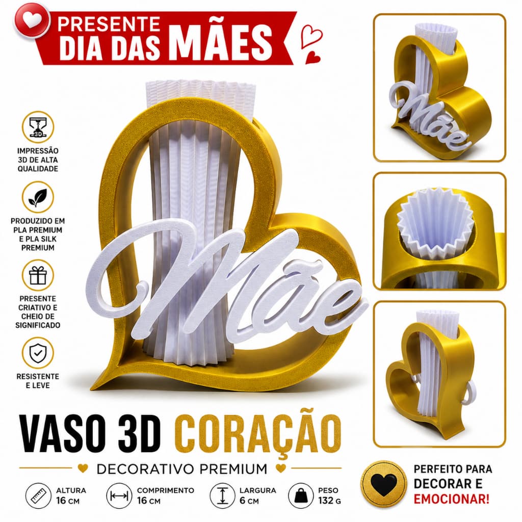 Vaso Decorativo 3D Coração Mãe Luxo Presente Dia das Mães Personalizado Premium