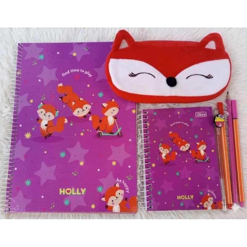 ✨ Kit Papelaria Fofa Raposa Kawaii Completo Estojo+Pelúcia+Caderno Presente Criativo Escolar