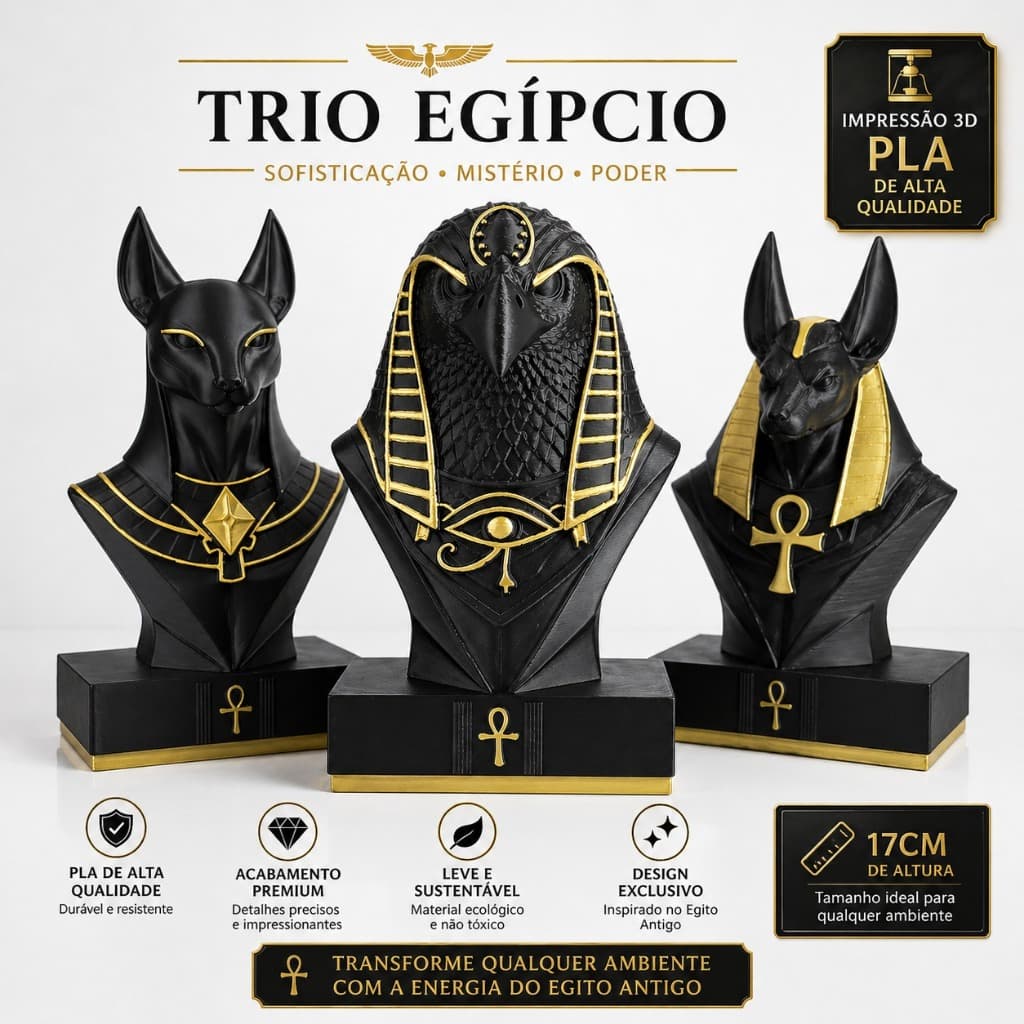 Kit Anúbis Bastet Hórus 15cm Estátuas Egípcias Decoração Luxo