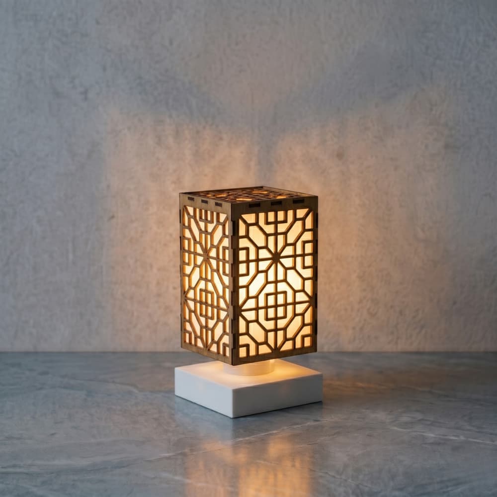 Luminária Kairo Geométrica Moderna MUVIA lâmpada LED E27 9W 3000K branco quente feita em PETG e MDF