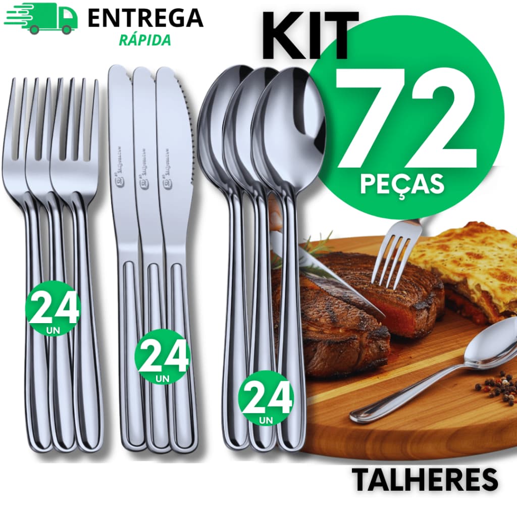 Utensílios Talhares 72 Peças Inox 24 Facas c/ Serra 24 Garfos 24 Colheres de Sopa Mesa Jogo de Talher