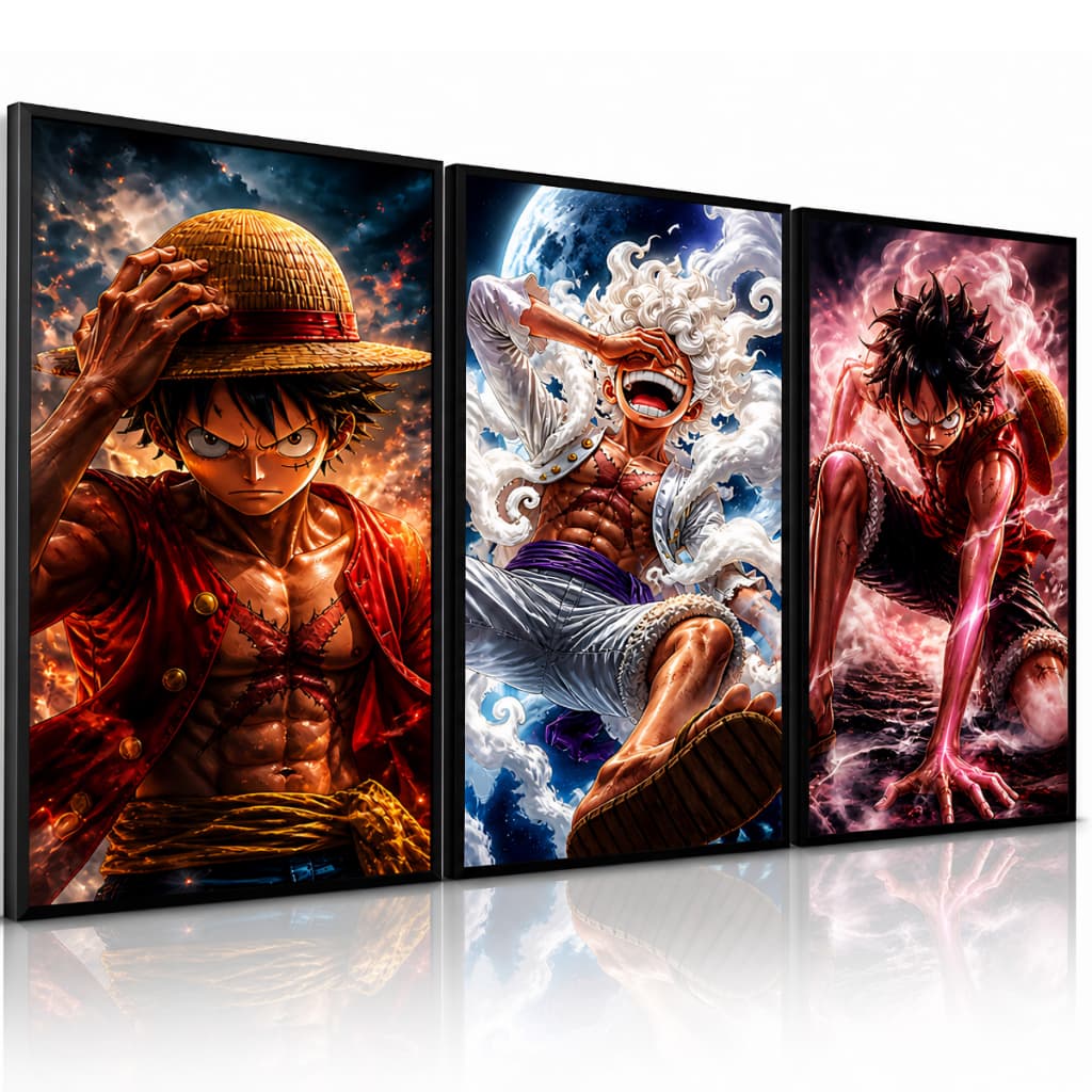 Quadro Anime One Piece Luffy Gear Second Gear Five 3 Peças Sala Quarto 20x30 a 40x60