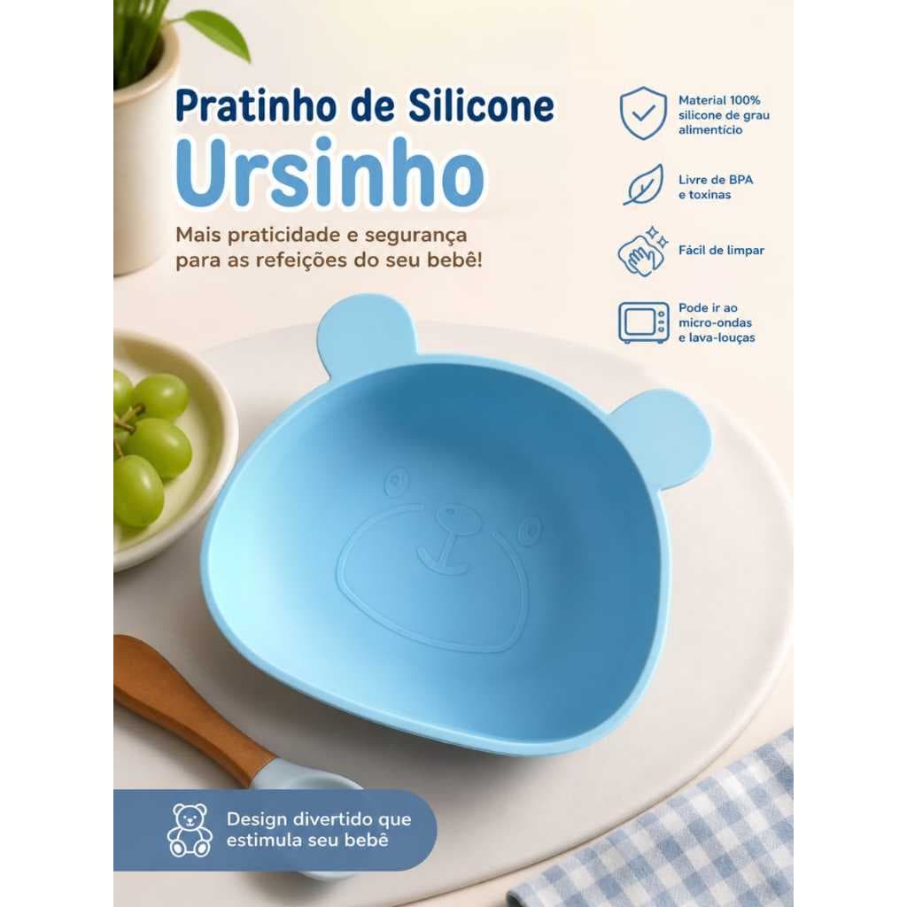 Pratinho Silicone Bebê Ursinho com Ventosa Forte | Alimentação Infantil Segura | Livre de BPA