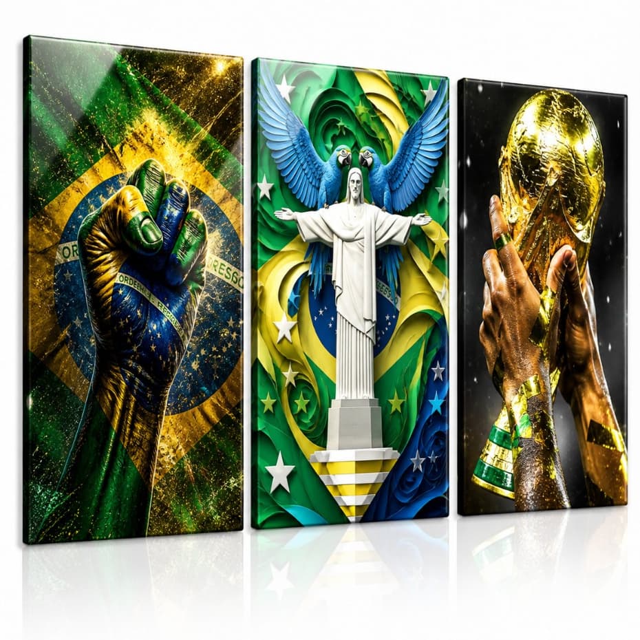 Quadro Decorativo Brasil Copa Do Mundo 3 Pecas Sala Quarto Futebol Torcida Seleção Brasileira Verdão