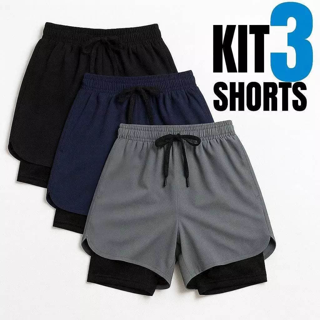 KIT 3 BERMUDAS MASCULINAS 2 EM 1 c/ BOLSO OCULTO PERFORMANCE, CONFORTO E ECONOMIA