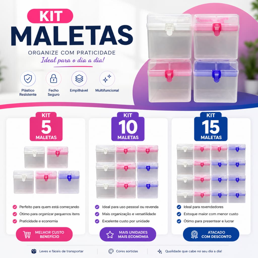 kit 5, 10 ou 15 maleta organizadora multiuso com trava - prática e versátil