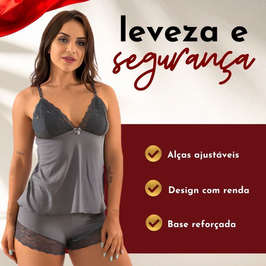 Pijama Baby Doll Short Doll Feminino com Renda Luxo Confortável