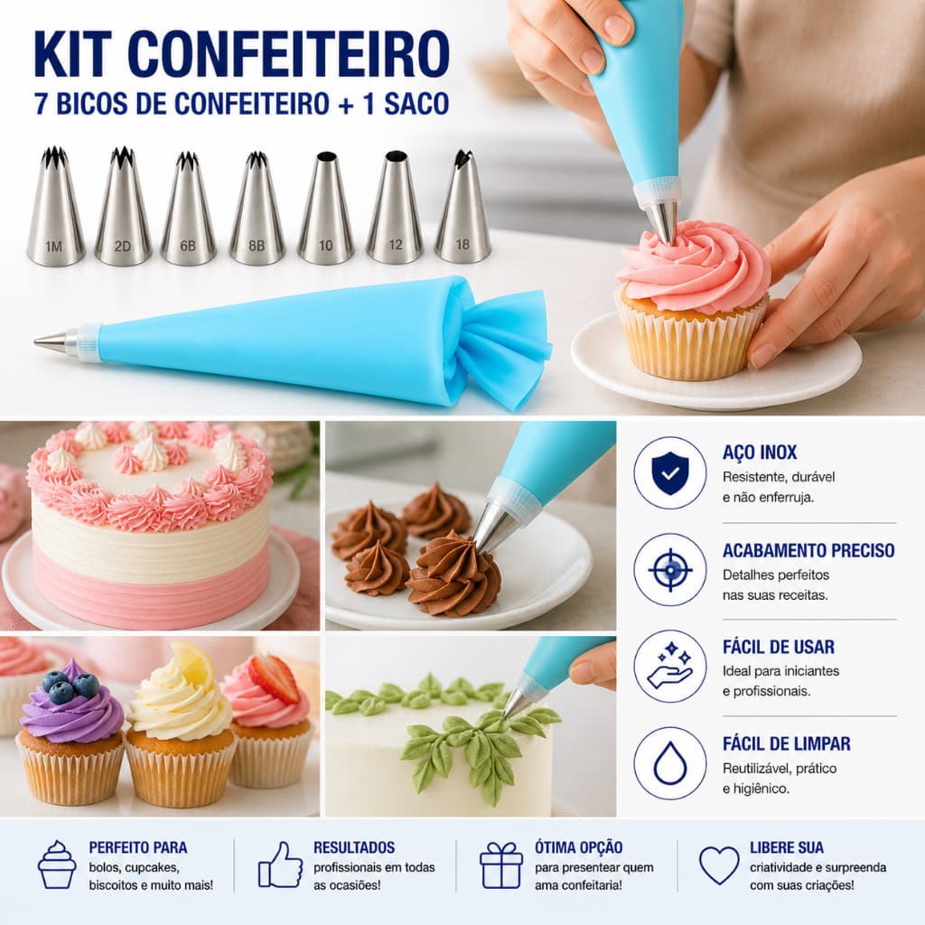 Kit Confeiteiro 7 Bicos + Saco de Confeitar Reutilizável Inox Profissional Decoração Bolos Cupcakes