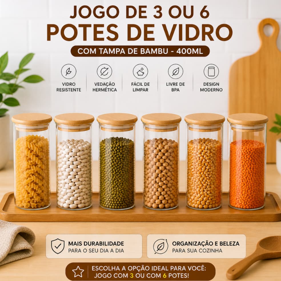 Kit 3 ou 6 Potes de Vidro Condimentos 400ML Com Tampa de Bambu Hermético Mantimentos Empilháveis
