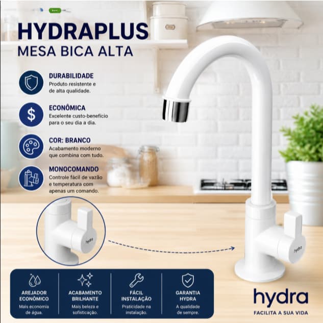Torneira Cozinha Para Mesa Branca Bica Alta Modelo 1167 Hydra