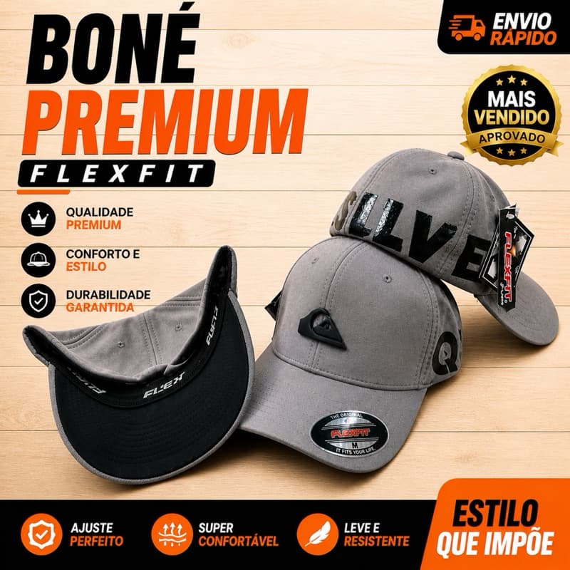 Boné Masculino Premium Flexfit Aba Curva Preto/Branco/Cinza Ajustável Estilo Surf Casual Alta Qualidade