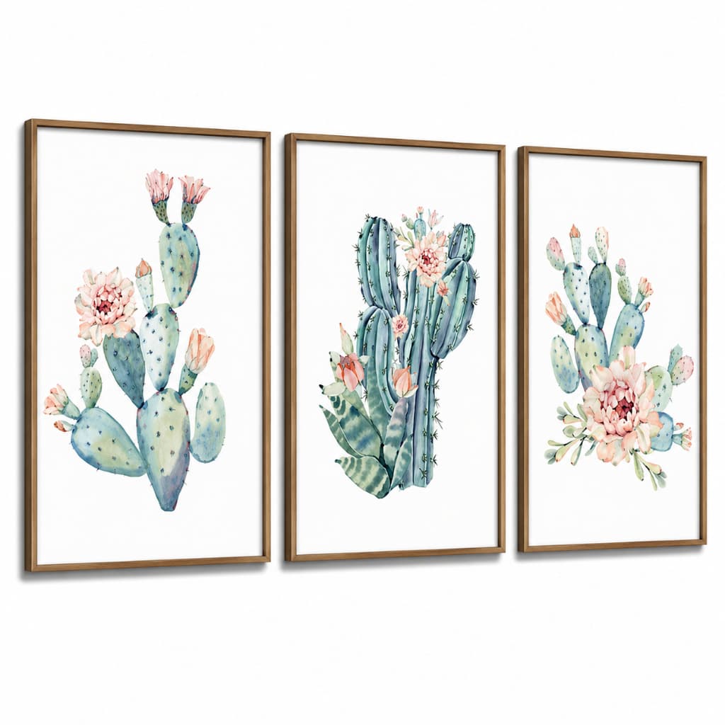Kit 3 Quadros Decorativos Infantil | Quarto Bebê Menina | Flores, Cacto, Jardim, Aquarela - No215