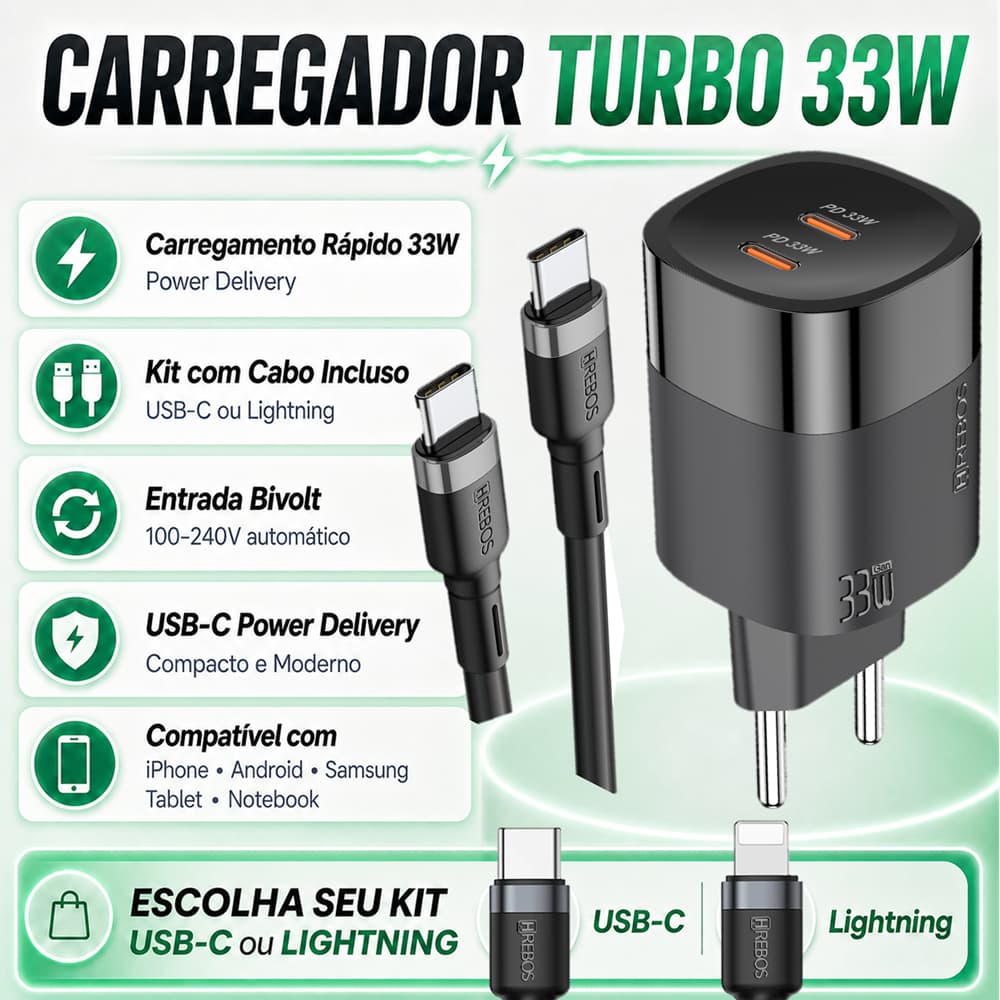 Carregador Hrebos Turbo 33W PD Tipo C Premium Proteção Contra Sobrecarga e Aquecimento Bivolt