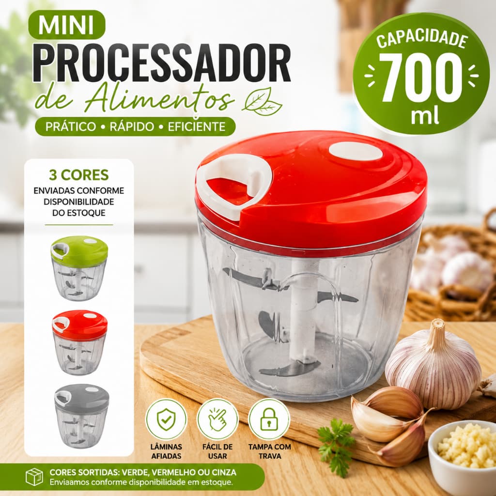 Mini Processador Manual de Alimentos Triturador 700ml Alho Cebola Legumes 5 Lâminas Inox Portátil