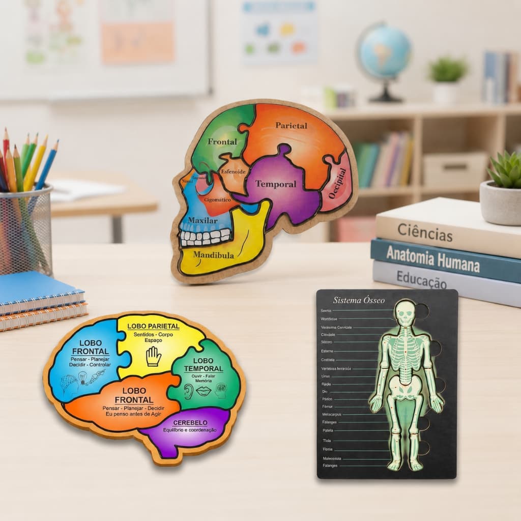 Kit 3 Quebra Cabeças Pedagógicos Educativo Infantil Cérebro Crânio Esqueleto Humano Em Mdf
