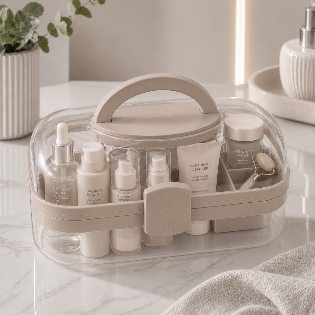 Maleta de Maquiagem Nude Marrom Transparente Organizador Cosméticos Esmaltes Pincéis com Bandeja
