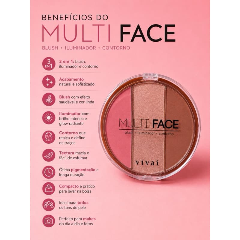 Blush Iluminador Contorno Vivai Multi Face 3em1 Paleta Makeup Glow Alta Pigmentação Original