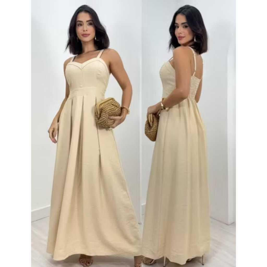 Vestido Longo Feminino Alça Ombro Leva Bojo Forrado tendência tejido duna