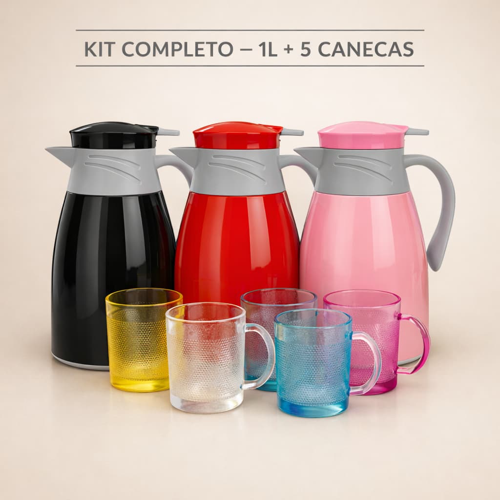 Conjunto Garrafa Termica 1litro mais 4 Canecas Vidro Elegance duravel 190ml