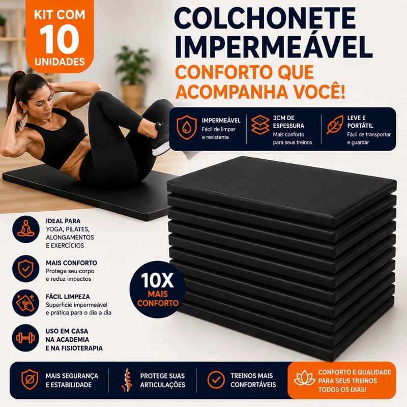 Kit 10 Colchonetes Academia Impermeável 85x45x3cm Yoga Pilates Fitness Preto