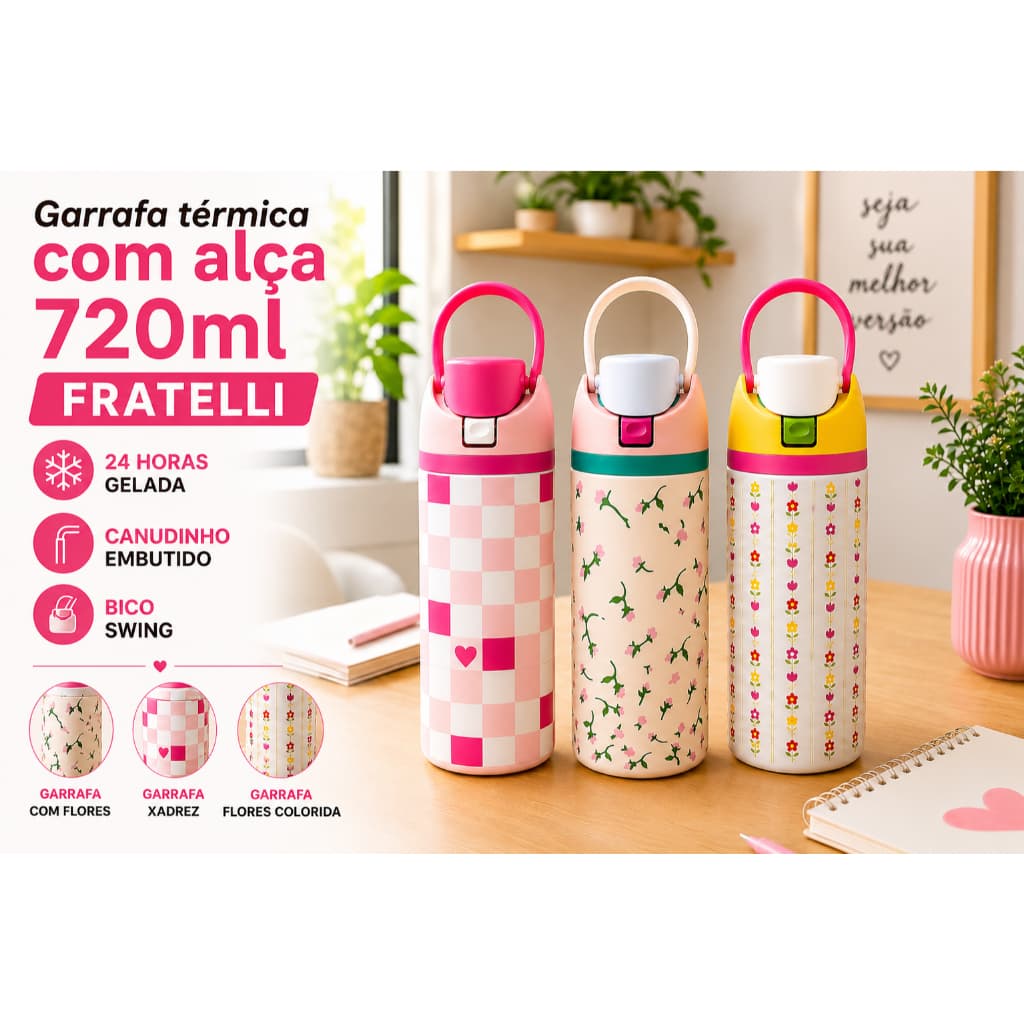 Fratelli Garrafa Térmica 720ml com Alça Anti Vazamento Canudo Embutido Quente e Frio Portátil Academia Trabalho Viagem
