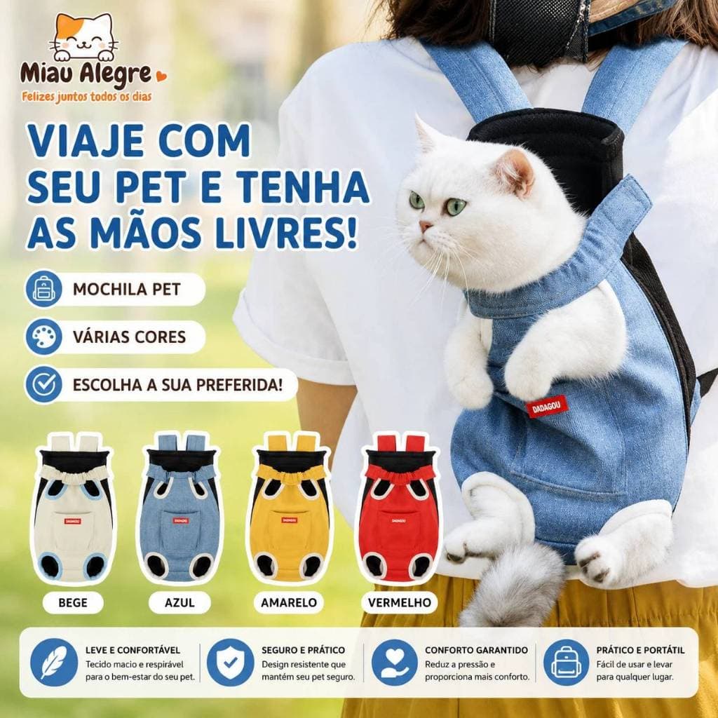 Mochila Pet Frontal Traseira Respiratória 4 Tamanhos P M G GG Cachorro Gato Até 7.5kg Zíper+Velcro Aberturas Patas Rabo