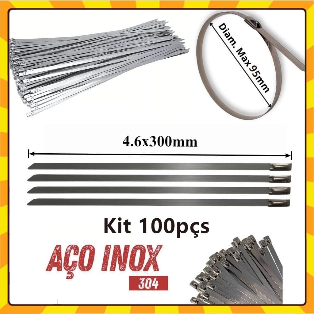 Kit 100x abraçadeiras Zip Tie Para Termotape Em Aço Inox 4.6X300mm