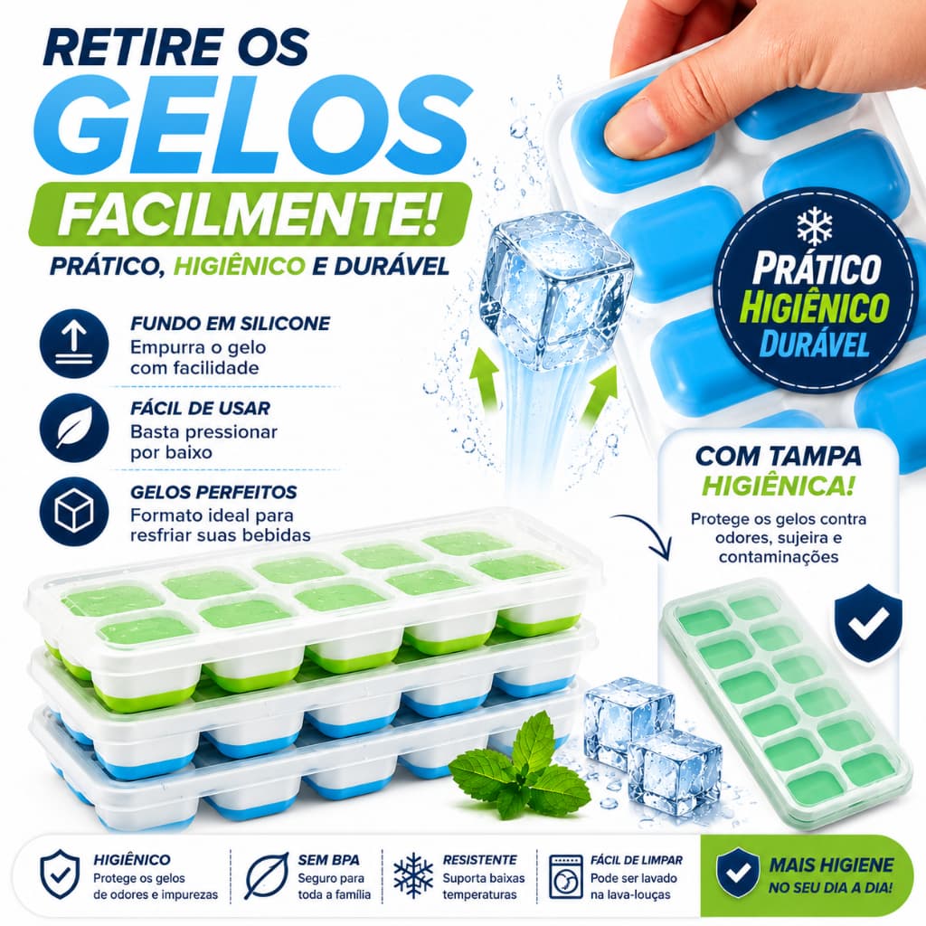 Forma de Gelo Silicone com Tampa Higiénica 14 Cubos Fácil de Desenformar
