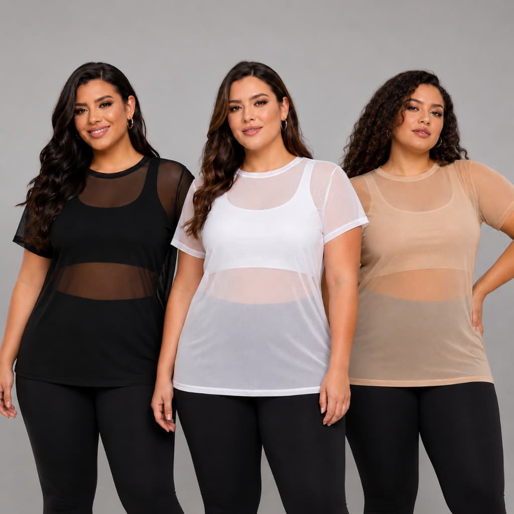 Blusa feminina de tule com transparencia para academia, manga curta, gola redonda.