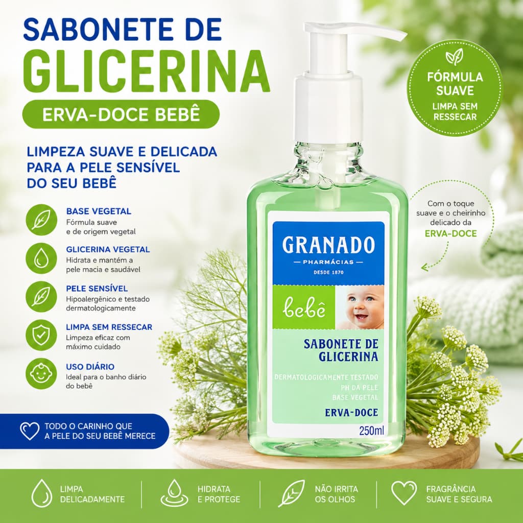 Sabonete Líquido Granado Bebê Erva Doce Glicerina 250ml