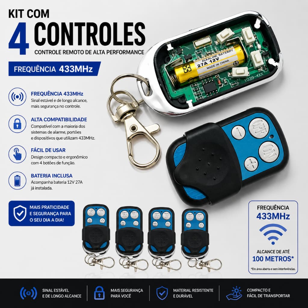 Kit 4 Controles Remoto Universal para Portão Elétrico Eletrônico 433mHz