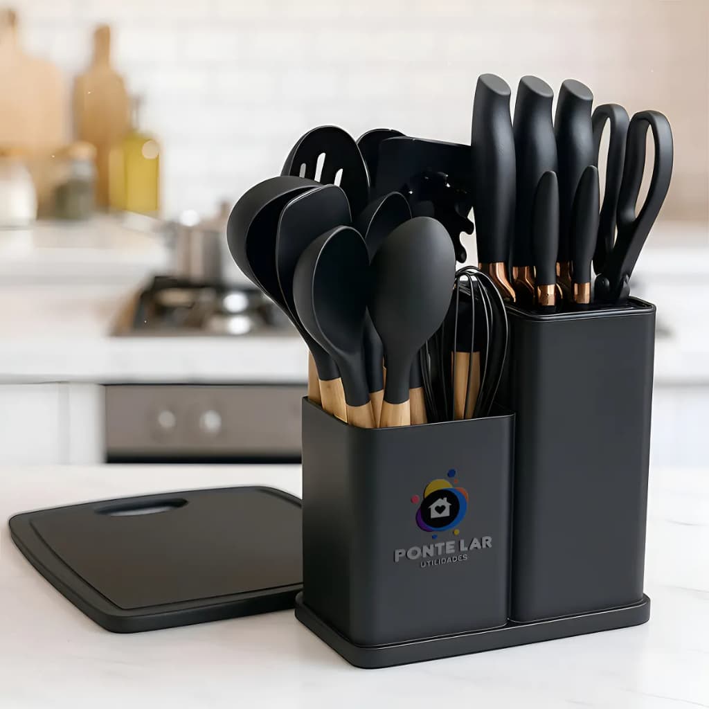Jogo de Utensílios 19 Peças em Silicone Preto com Cabos de Madeira