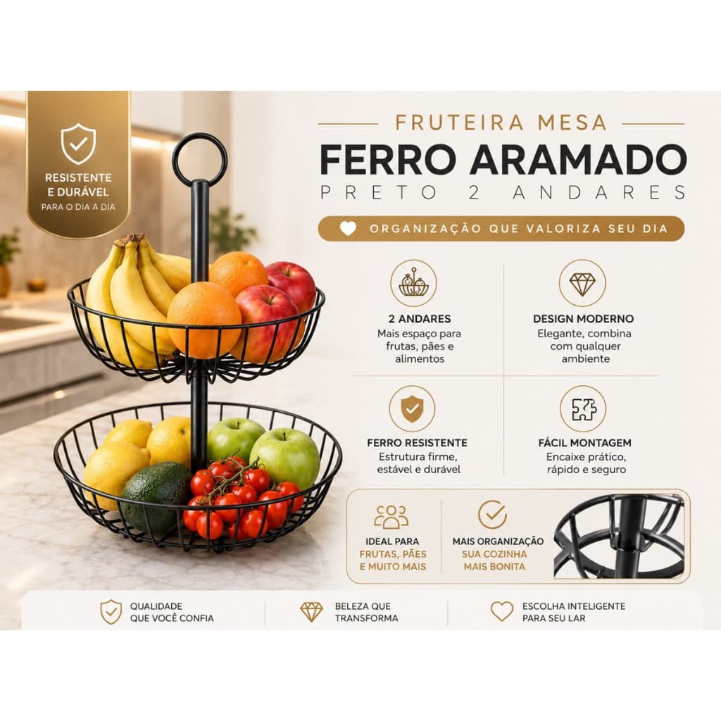 Fruteira Aramada 2 Andares Preta | Porta Frutas Elegante para Cozinha