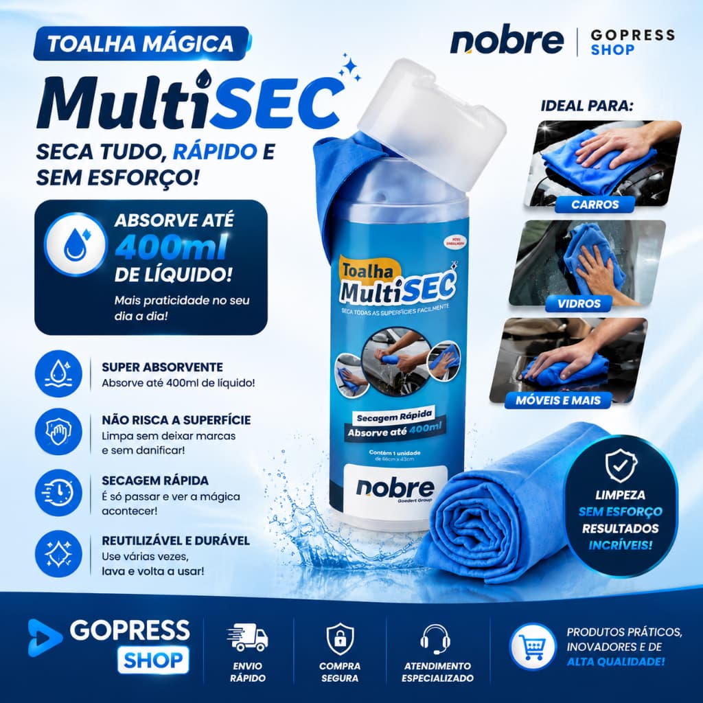 Toalha Mágica Multisec Nobre PVA Azul Para Secagem Automotiva 66x43cm - ALTA QUALIDADE NOBRE