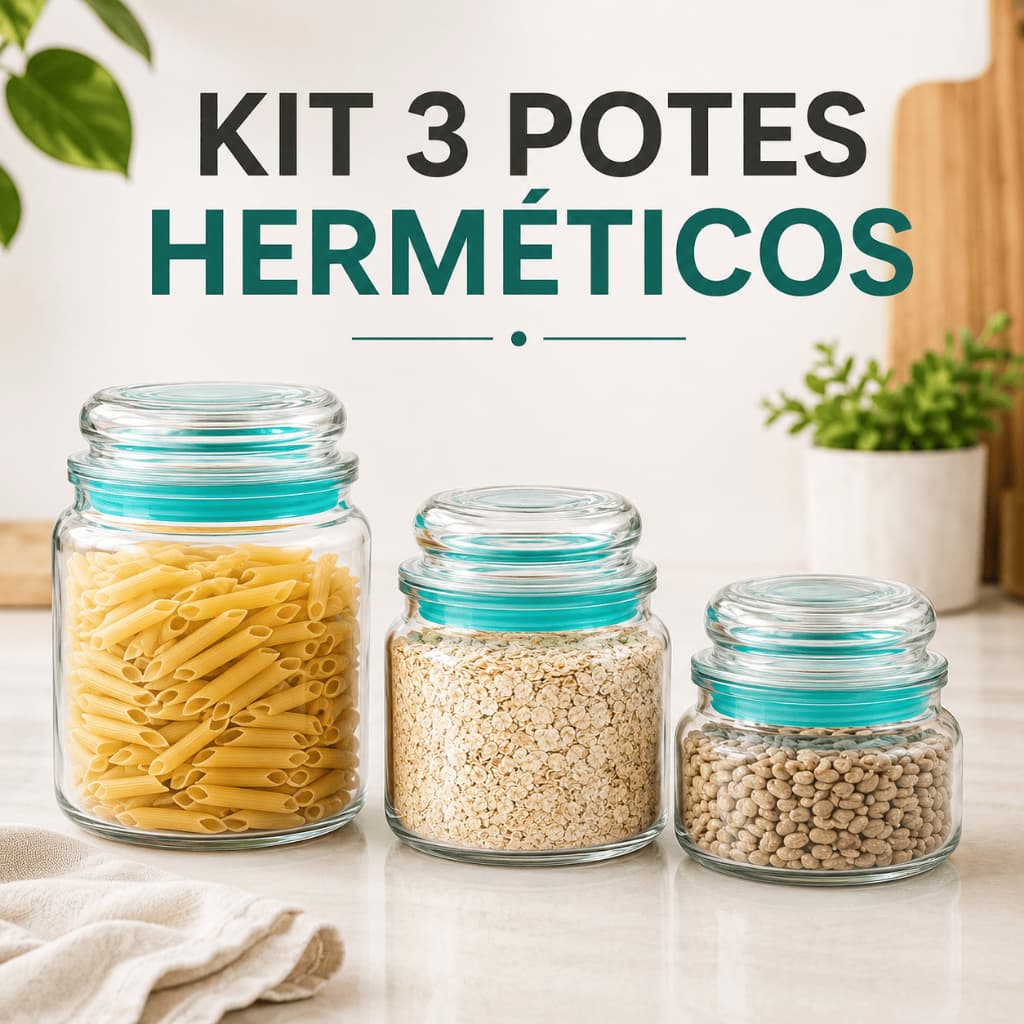 Kit 3 Potes Herméticos de Vidro com Vedação para Mantimentos