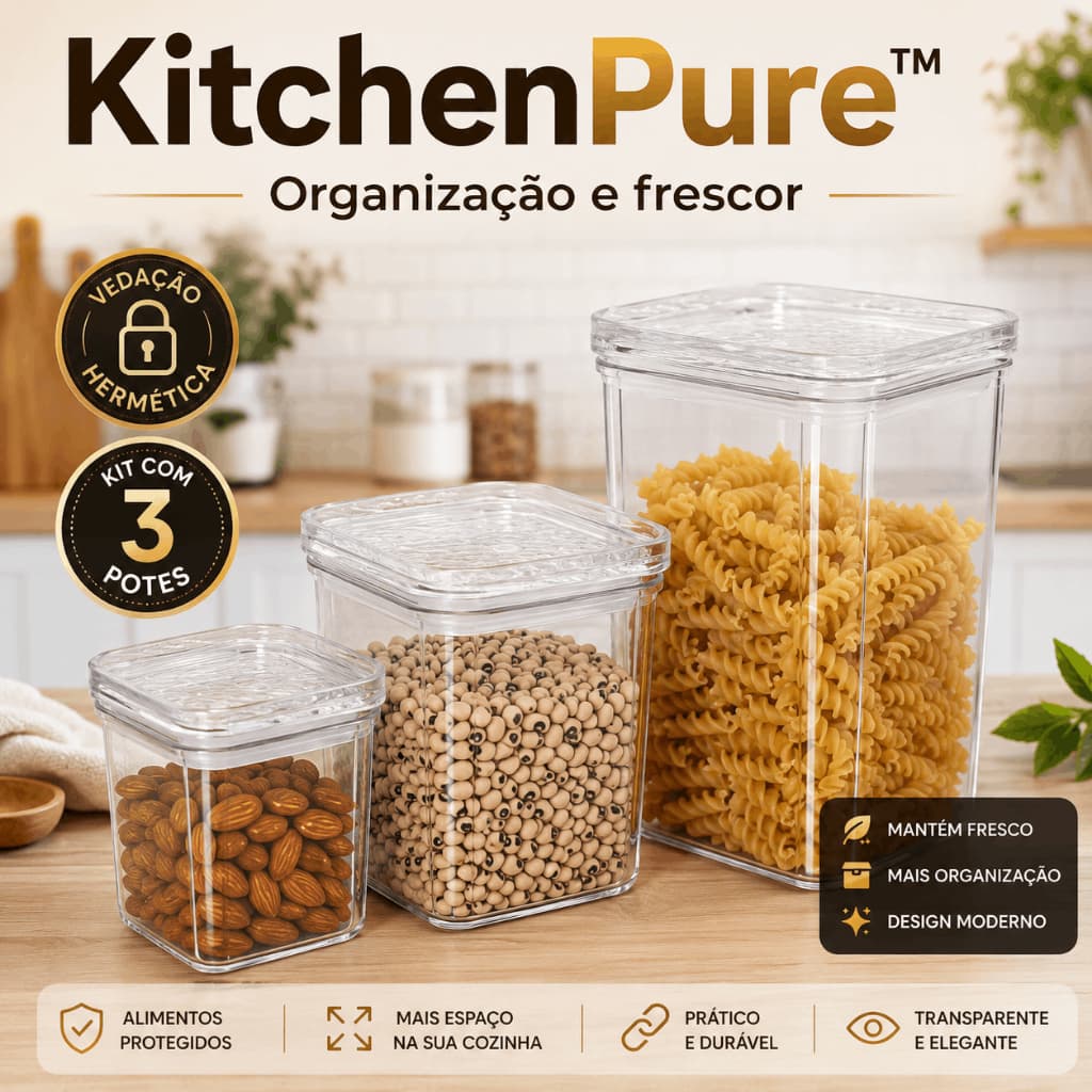 Kit Potes Herméticos KitchenPure 3 Unidades Tampa Vedação Organizador Cozinha