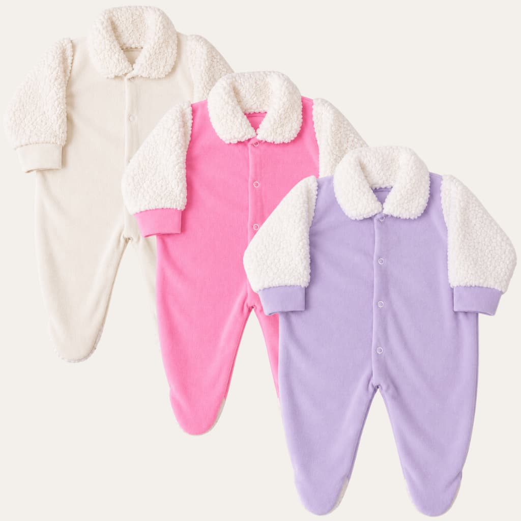 Kit 3 Macacão Inverno Plush Com Gola e Manga Pele de Carneiro Para Bebê Menina