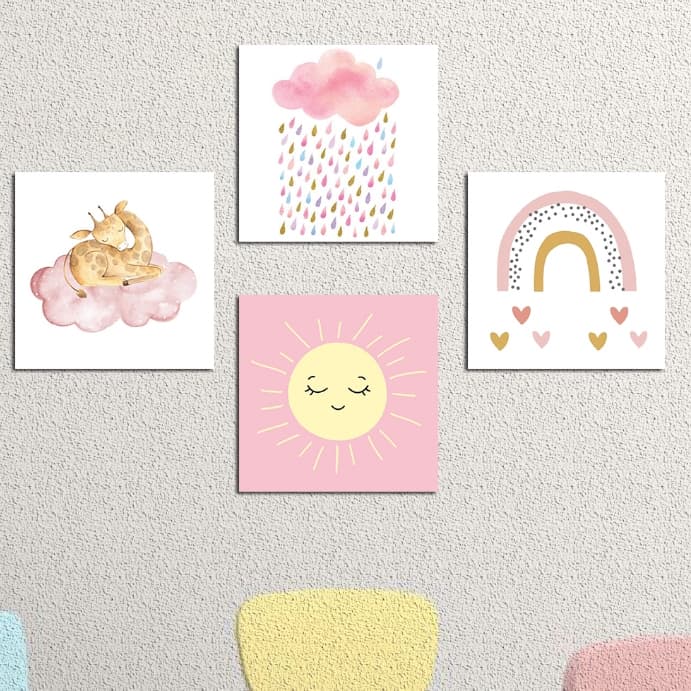 quadros delicados para decoração arco iris coração nuvem rosa chuva de amor girafa dormindo kit 4 placas Mdf 20x20cm