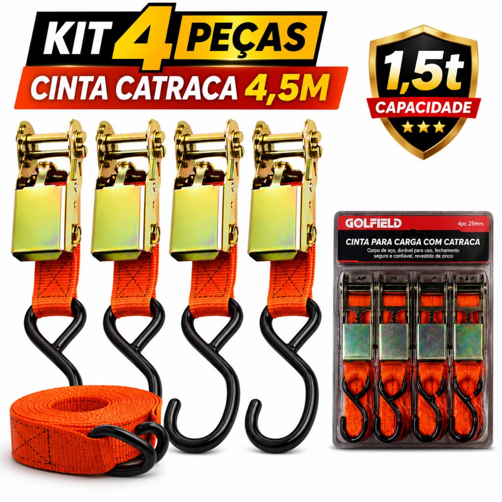 Kit 4 Cintas Catraca 4,5m 1,5T Gancho Reforçado Amarração Carga Caminhão Moto | Opções 4,5m 9m