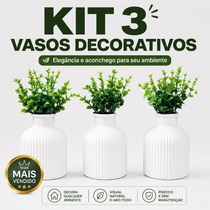 Kit 3 Vasos Decorativos de Gesso Branco Canelado + Flores Artificiais | Decoração Moderna Sala e Quarto