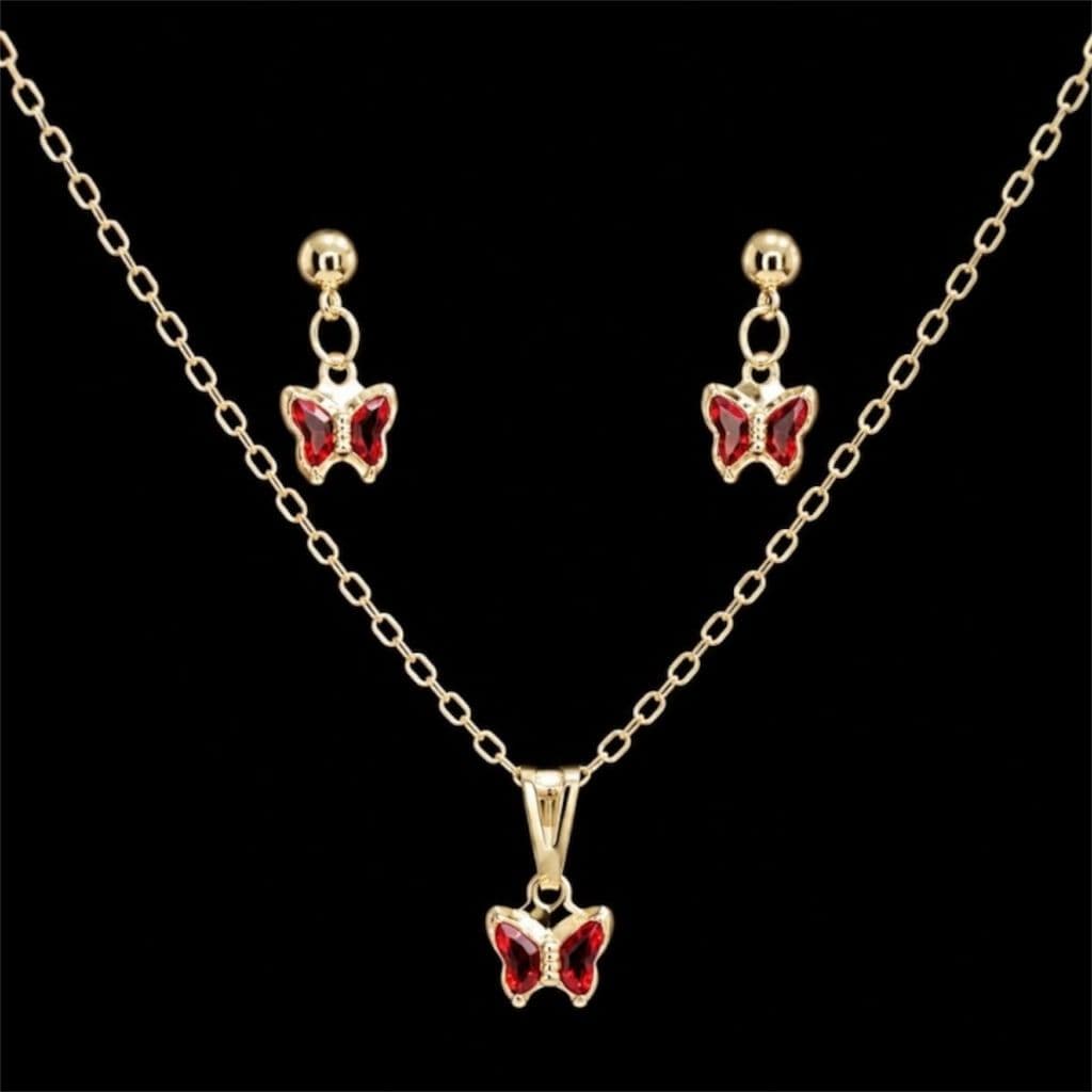 Conjunto Infantil Antialérgico Colar e Brincos Borboleta Vermelha Folheado em Ouro 18k e Prata 925..