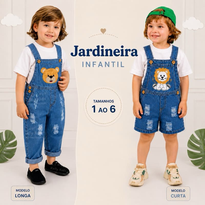 Jardineira Macacão short jeans infantil MASCULINO para menino