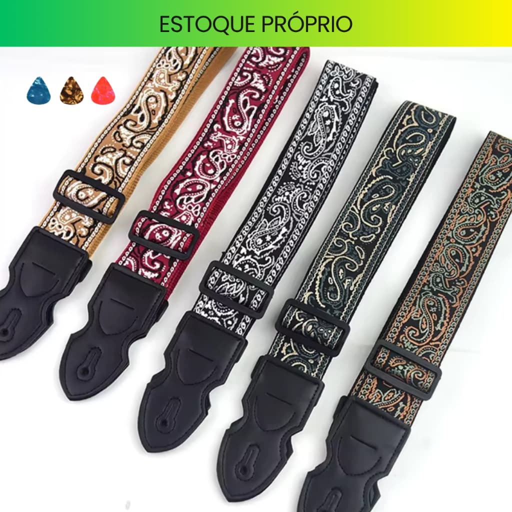 Correia de Guitarra ou Violão Bordada Retrô Alça Regulável + 3 Palhetas de Brinde