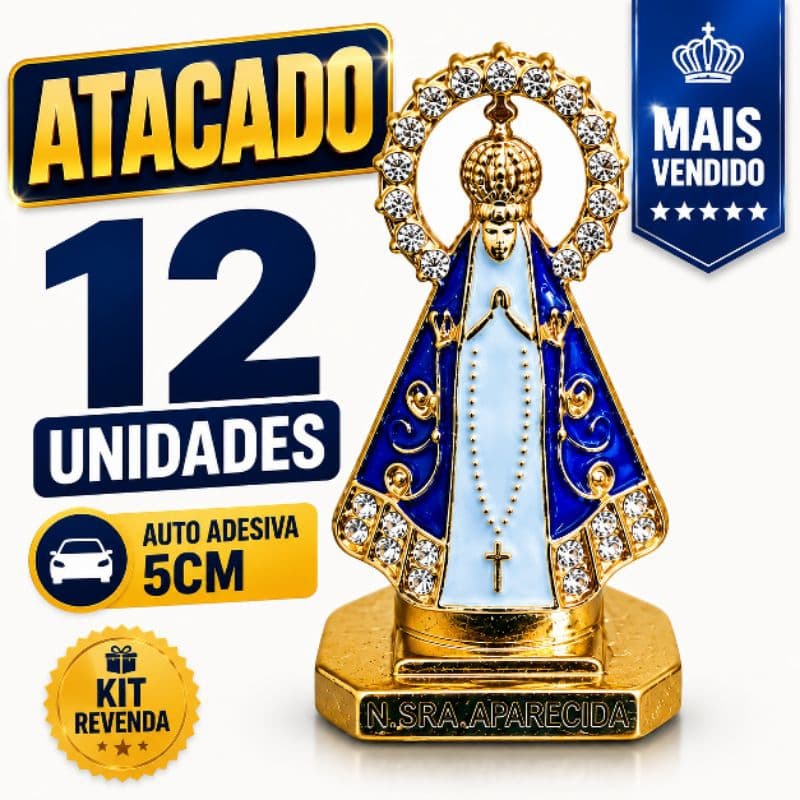 Nossa Senhora Aparecida 12 unidades Kit atacado Auto Adesiva 5cm p/ Carro Painel Retrovisor Decoração Religiosa Strass