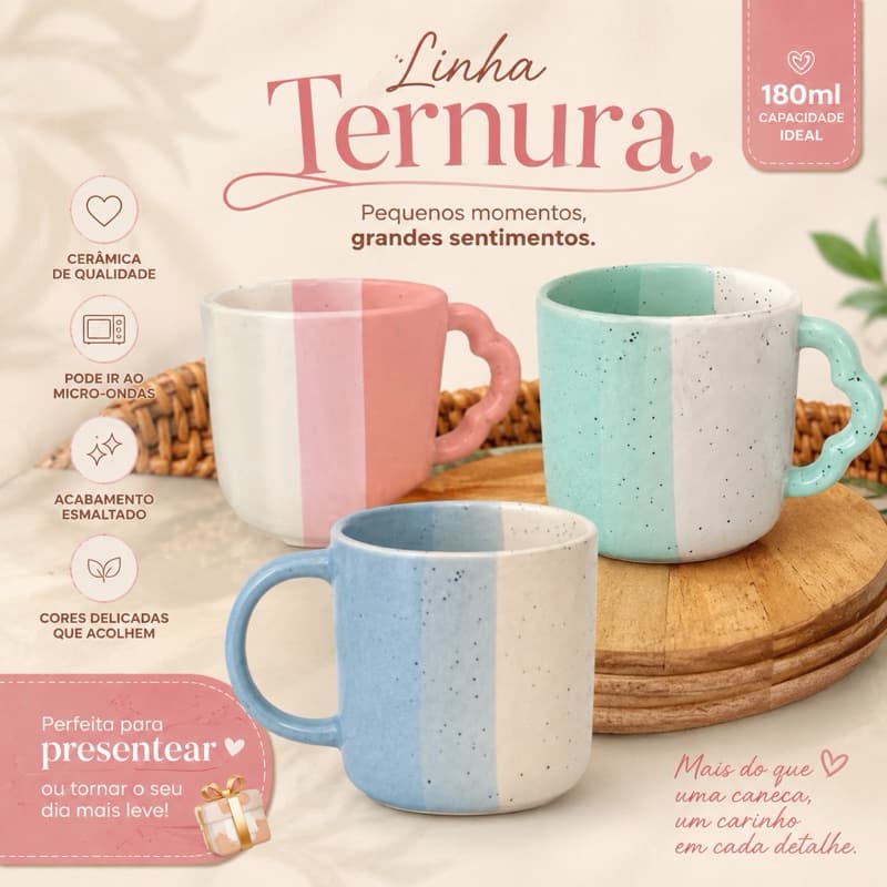 Caneca Ternura180ml Cerâmica Dome Xícara Café Chá Cappuccino Design Delicado Premium