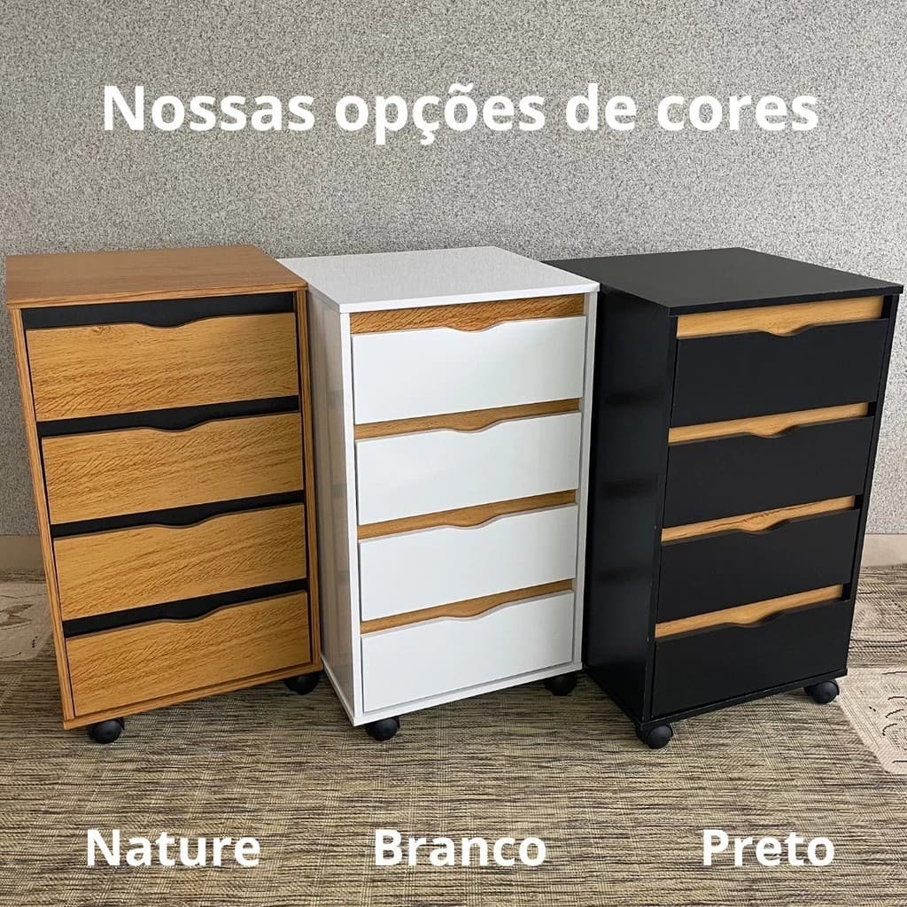 Gaveteiro Organizador 4 Gavetas com Rodinhas  Multiuso Escritório, Quarto, Home Office